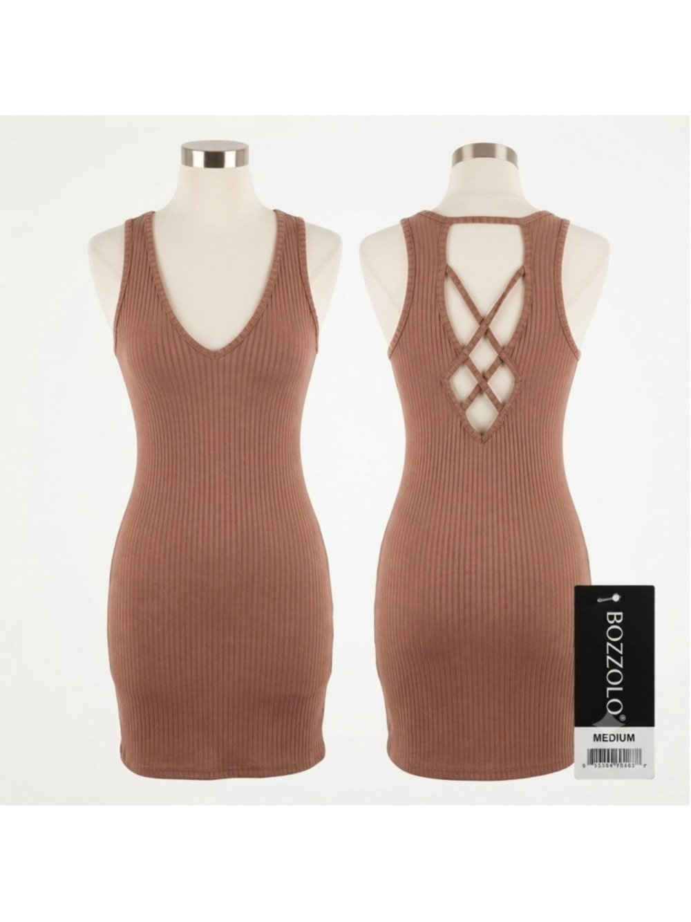 Bozzolo Women's M Dress Hazelnut Brown Ribbed Mini Caged Cross Strap Low Back